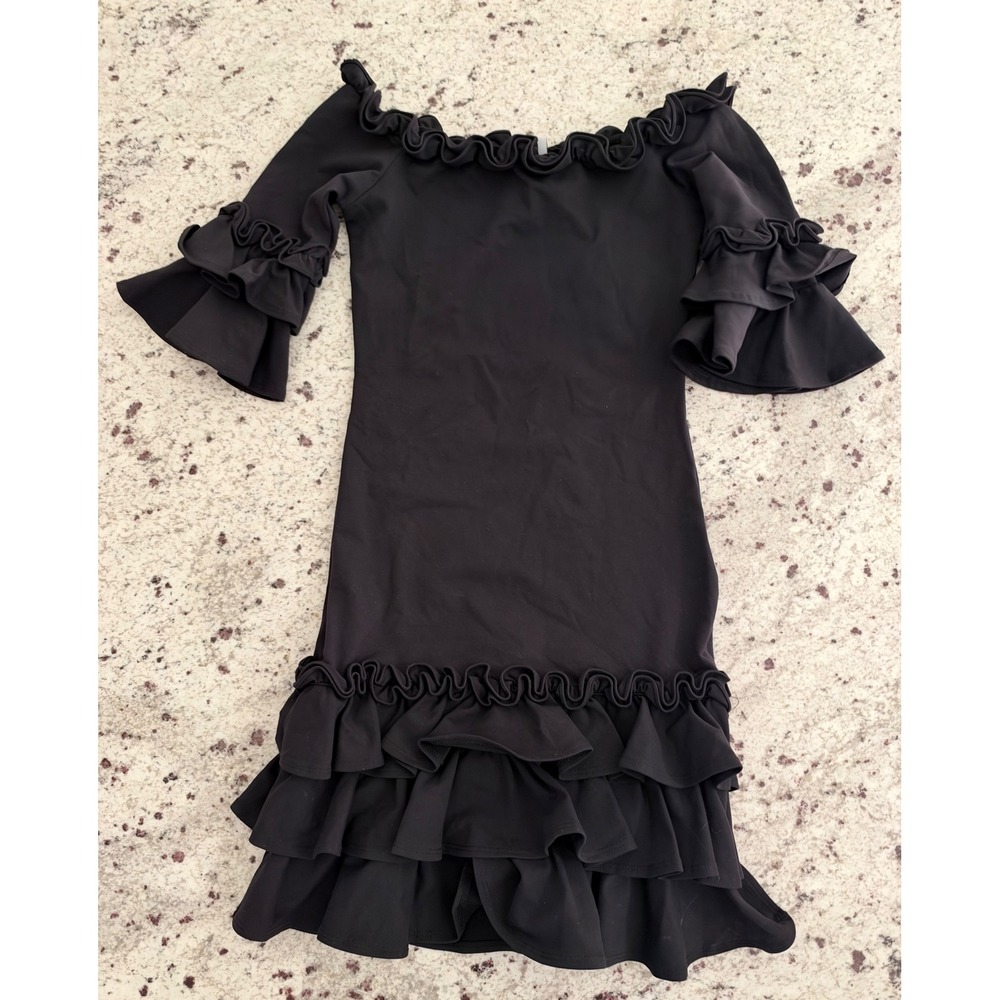 Donna Mizani Pishi Off The Shoulder Ruffle Mini Dress Black Sz Small S